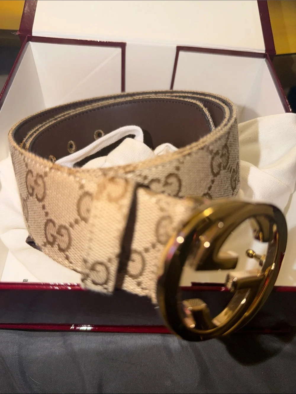 Gucci Beige Monogram Belt with Gold Buckle